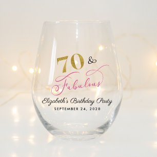 Chic Pink Gold 70th Birthday Party Favour Stemless Wine Glass
