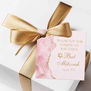 Chic Pink Gold Agate Bat Mitzvah Custom Party Favour Tags