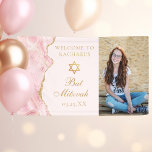 Chic Pink Gold Agate Bat Mitzvah Photo Party Banner<br><div class="desc">Chic pink and gold agate decorates the side of this elegant Bat Mitzvah party welcome banner. Your daughter's name is written in beautiful formal script under the Star of David and next to her photo. Perfect pretty signage for a modern Jewish family celebrating a girl being called to the Torah....</div>