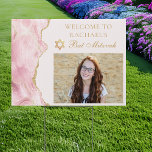 Chic Pink Gold Agate Bat Mitzvah Photo Party Yard Garden Sign<br><div class="desc">Chic pink and gold agate decorates the side of this elegant Bat Mitzvah party welcome yard sign. Your daughter's name is written in beautiful formal script with the Star of David above to her photo. Perfect pretty outdoor signage for a modern Jewish family celebrating a girl being called to the...</div>