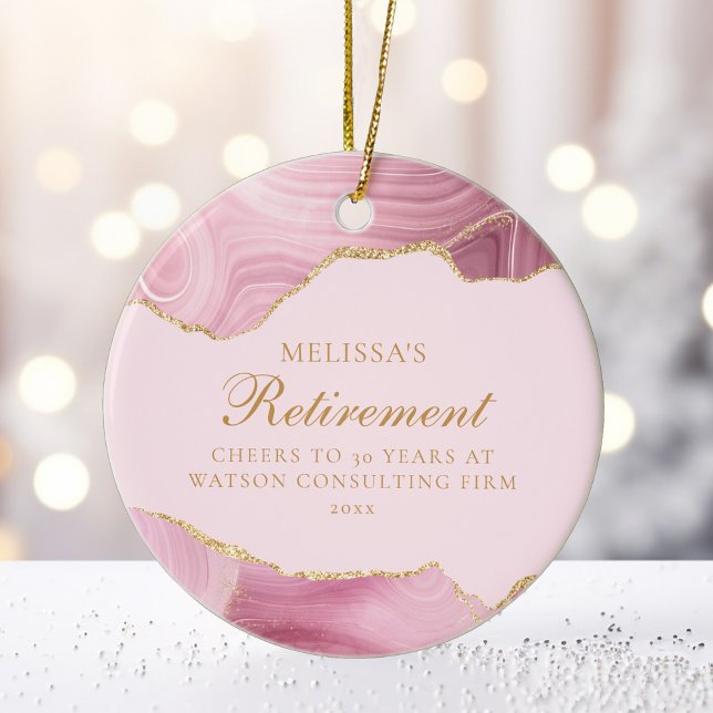 Chic Pink Gold Agate Custom Retirement Christmas Ceramic Ornament (Creator Uploaded)