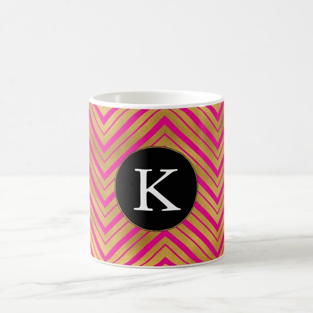 Chic Pink Gold Chevron Monogram Coffee Mug (Center)