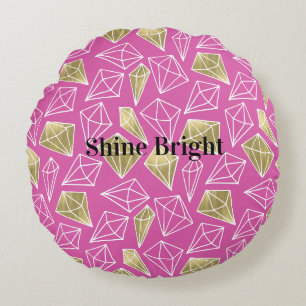 Chic Pink Gold Diamonds Birthday Round Pillow