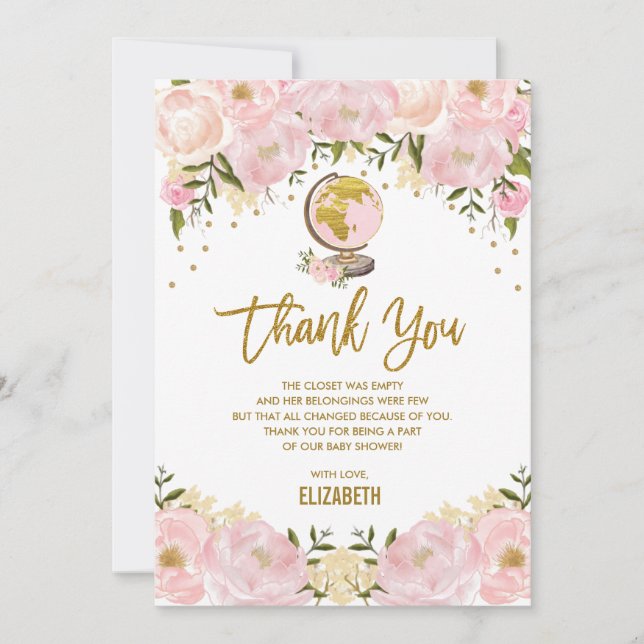 Chic Pink Gold Floral Travel Adventure Baby Shower Thank You Card (Front)
