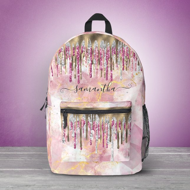 Chic pink gold glitter drips monogram accessory printed backpack (Creator Uploaded)