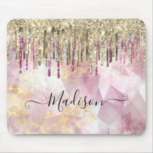 Chic pink gold glitter drips monogram mouse pad