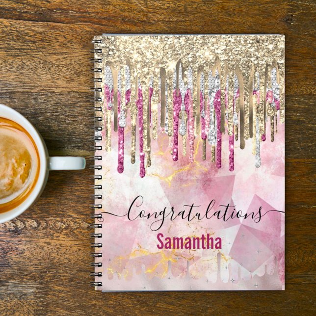 Chic pink gold glitter drips monogram notebook (Creator Uploaded)