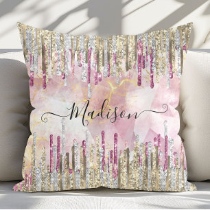 Chic pink gold glitter drips monogram throw pillow