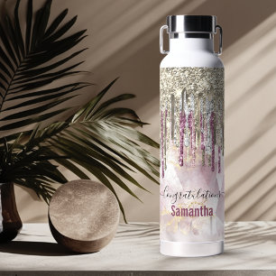 Chic pink gold glitter drips monogram water bottle