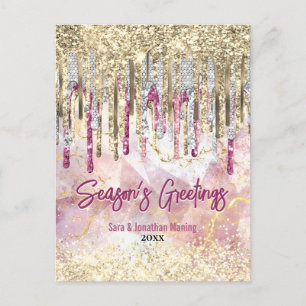 Chic pink gold glitter drips new year Christmas Postcard