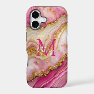 Chic Pink Gold Glitter Marble Agate Monogram