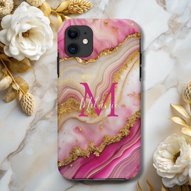 Chic Pink Gold Glitter Marble Agate Monogram  Case-Mate iPhone Case (Creator Uploaded)