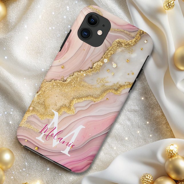 Chic Pink Gold Glitter Marble Agate Monogram  Case-Mate iPhone Case (Creator Uploaded)