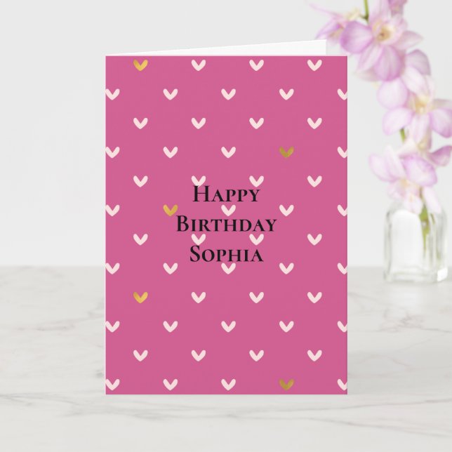 Chic Pink Gold Hearts Birthday Card (Orchid)