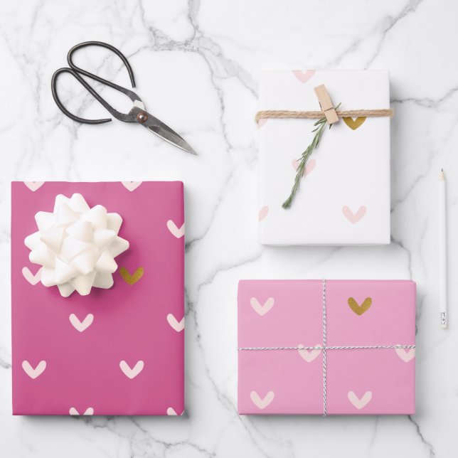 Chic Pink Gold Hearts Birthday Wrapping Paper Sheet (Front)