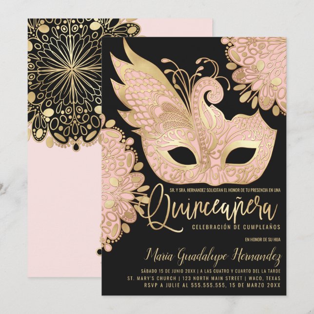 Chic Pink Gold Masquerade Mask Español Quinceañera Invitation (Front/Back)