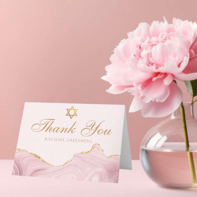 Chic Pink Gold Personalized Bat Mitzvah Thank You Card (Creator Uploaded)