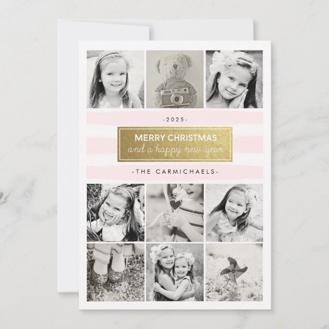 Chic Pink Gold Photo Collage Carte Vacances (Devant)