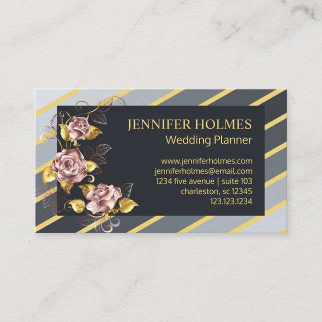 Chic Pink Gold Rose Floral Golden Grey Stripes Business Card (Front)