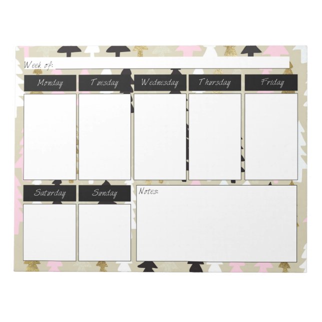 Chic Pink & Gold Tree Pattern Weekly Notepad (Front)