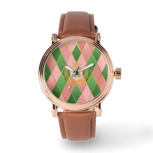 Chic Pink Green Argyle Monogrammed Watch