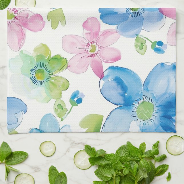 Chic Pink Green Blue Floral  Kitchen Towel (Folded)