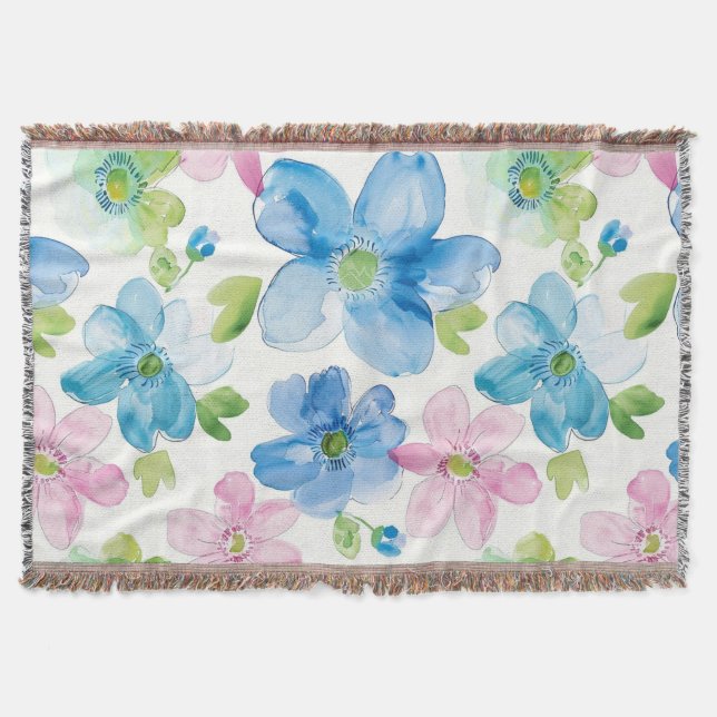 Chic Pink Green Blue Floral  Throw Blanket (Front)