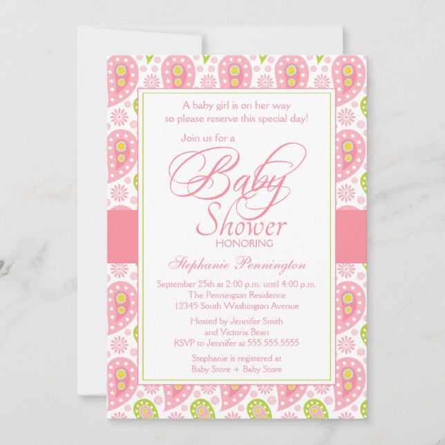 Chic pink + green paisley baby shower invitation (Front)