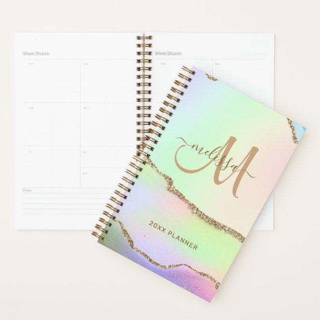 Chic Pink Green Pastel Gold Glitter Monogram 2024 Planner (Display)