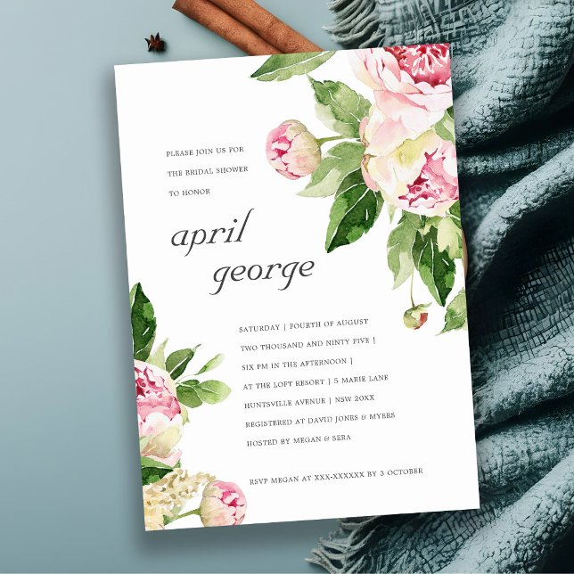 CHIC PINK GREEN PEONY FLORAL BRIDAL SHOWER INVITE (Creator Uploaded)