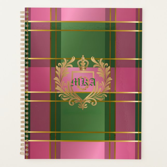 Chic Pink Green Plaid Monogram Personal Planner (Front)