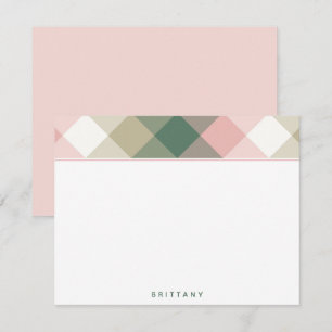Chic Pink Green Plaid Personalized Flat Note Card