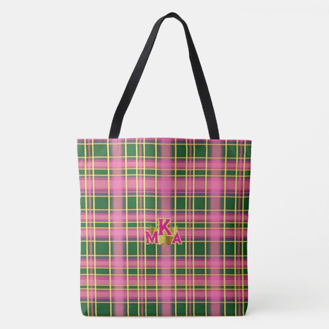 Chic Pink & Green Plaid Tote Bag with Monogram (Front)