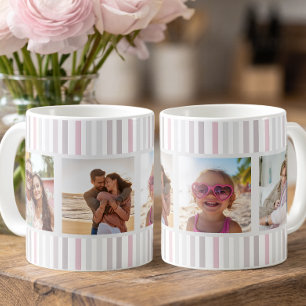 Chic Pink Grey Stripe Multi Photo Grid Coffee Mug