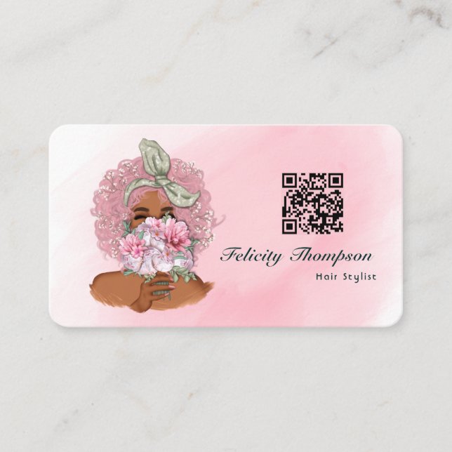 Chic Pink Hair Stylist QR Code Business Card (Front)