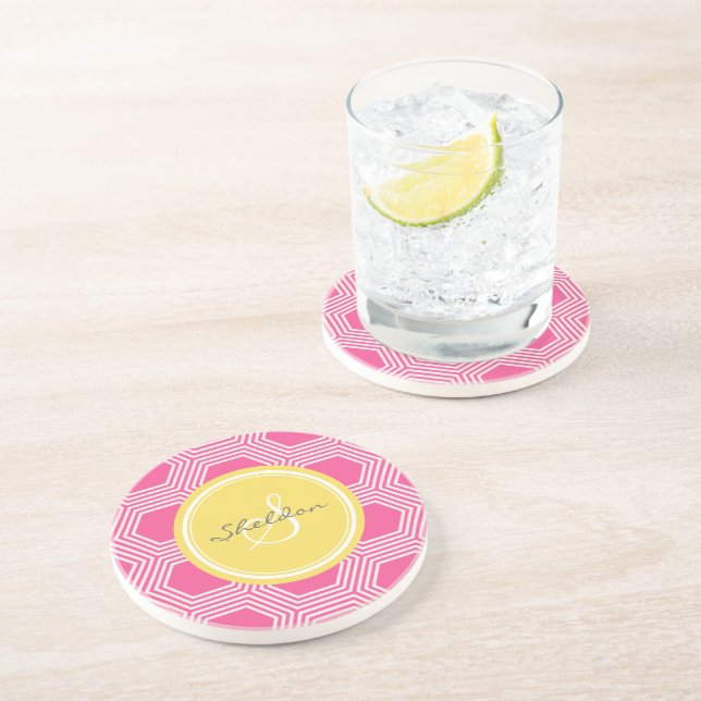 Chic pink honeycomb geometric patterns monogram coaster (Side)