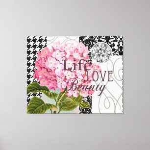 Chic Pink Hydrangea Collage Vintage Damask Art Canvas Print