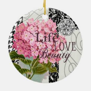 Chic Pink Hydrangea Collage Vintage Damask Art Ceramic Ornament