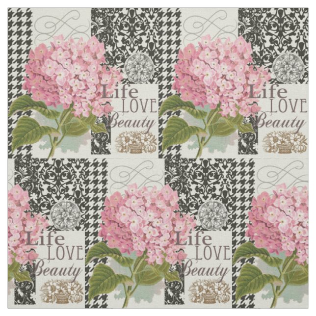 Chic Pink Hydrangea Collage Vintage Damask Art Fabric (Swatch)