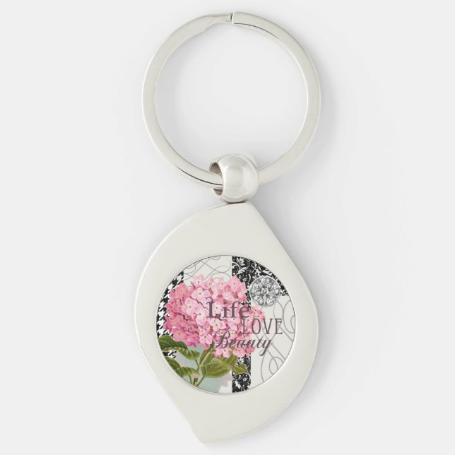 Chic Pink Hydrangea Collage Vintage Damask Art Keychain (Front)
