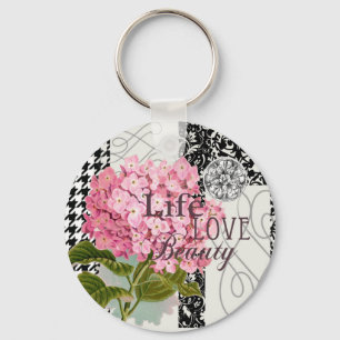 Chic Pink Hydrangea Collage Vintage Damask Art Keychain