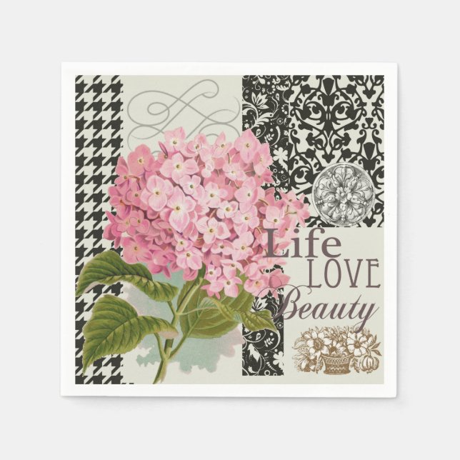 Chic Pink Hydrangea Collage Vintage Damask Art Napkin (Front)