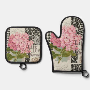 Chic Pink Hydrangea Collage Vintage Damask Art Oven Mitt & Pot Holder Set