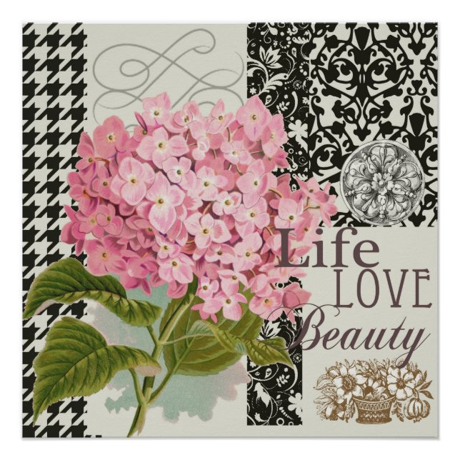 Chic Pink Hydrangea Collage Vintage Damask Art Poster (Front)
