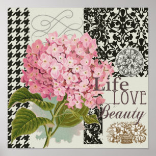Chic Pink Hydrangea Collage Vintage Damask Art Poster
