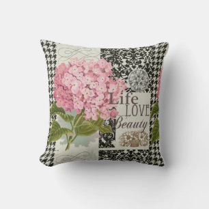 Chic Pink Hydrangea Collage Vintage Damask Art Throw Pillow