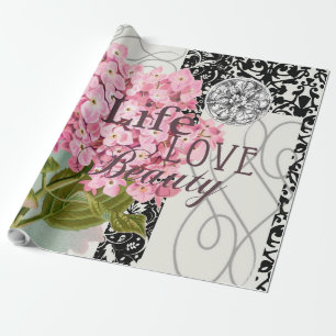 Chic Pink Hydrangea Collage Vintage Damask Art Wrapping Paper