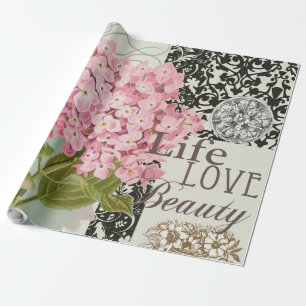 Chic Pink Hydrangea Collage Vintage Damask Art Wrapping Paper
