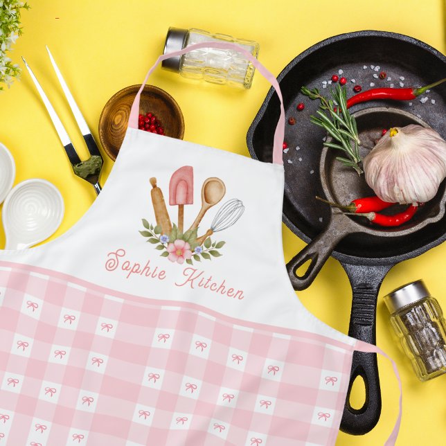 Chic Pink Kitchen Utensils Bow Elegance Gingham Apron (Creator Uploaded)