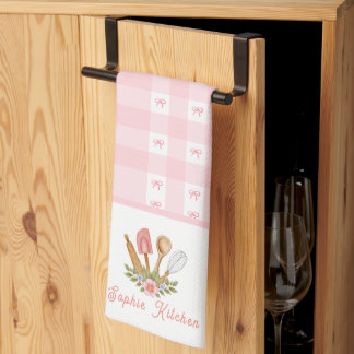 Chic Pink Kitchen Utensils Bow Elegance Gingham Towel